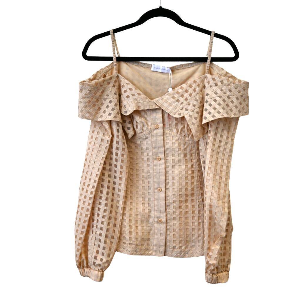 Jonathan Simkhai Paulina Sheer Windowpane Off The Shoulder Top Size S
